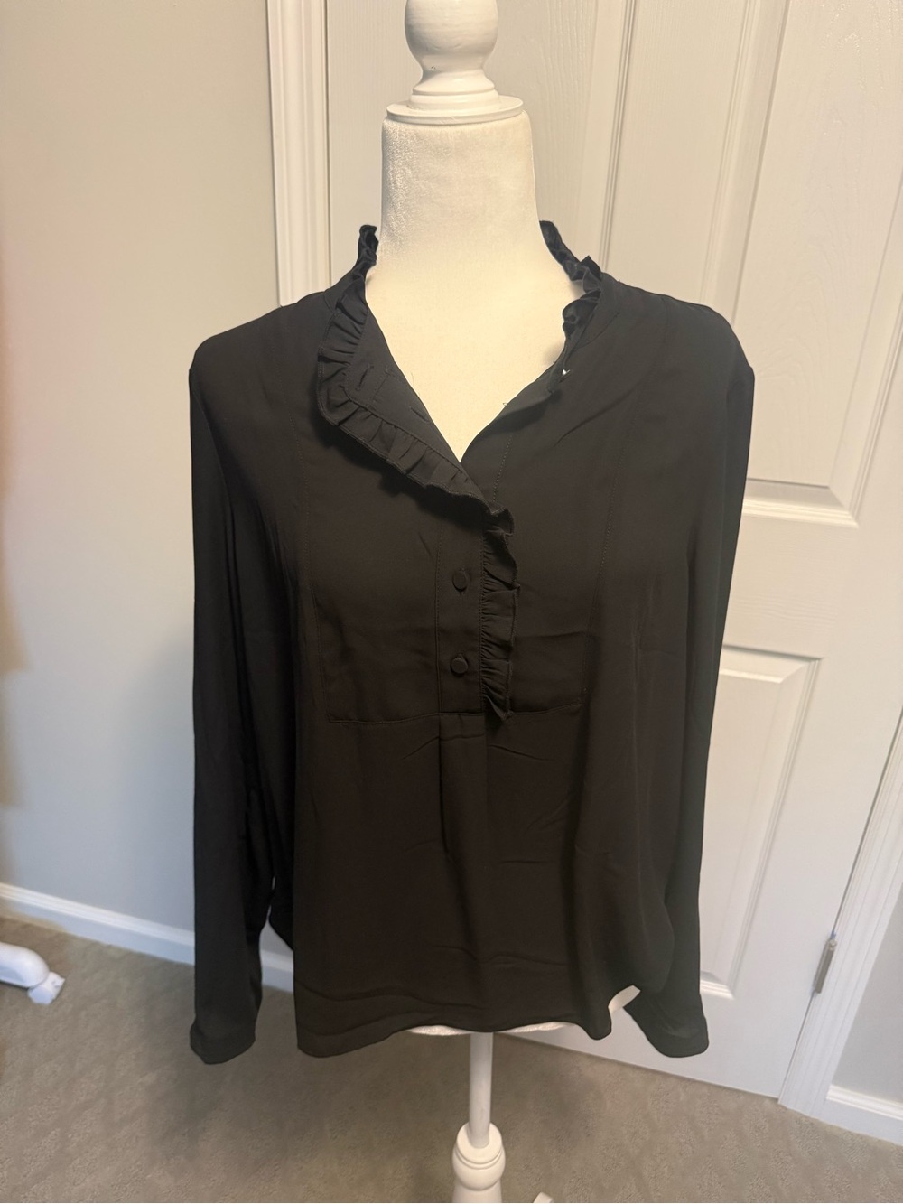 J. Crew Black Ruffle V-Neck Button-Front Blouse